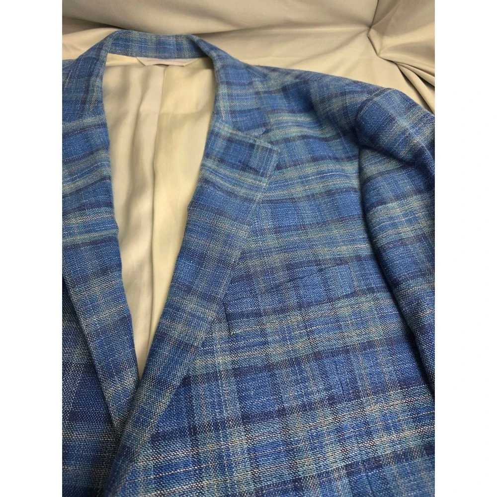 Samuelsohn Mens 50 Long Blue Plaid Wool Silk Linen Sport Coat Carlo Barbera